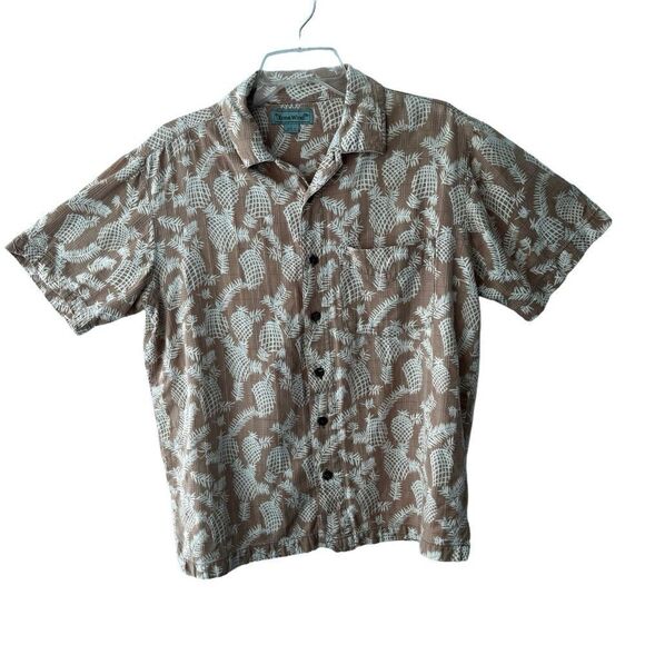 Kona Wind Button Front Tropical Shirt Tan White Pineapple Print Resortwear SZ S - Picture 1 of 15